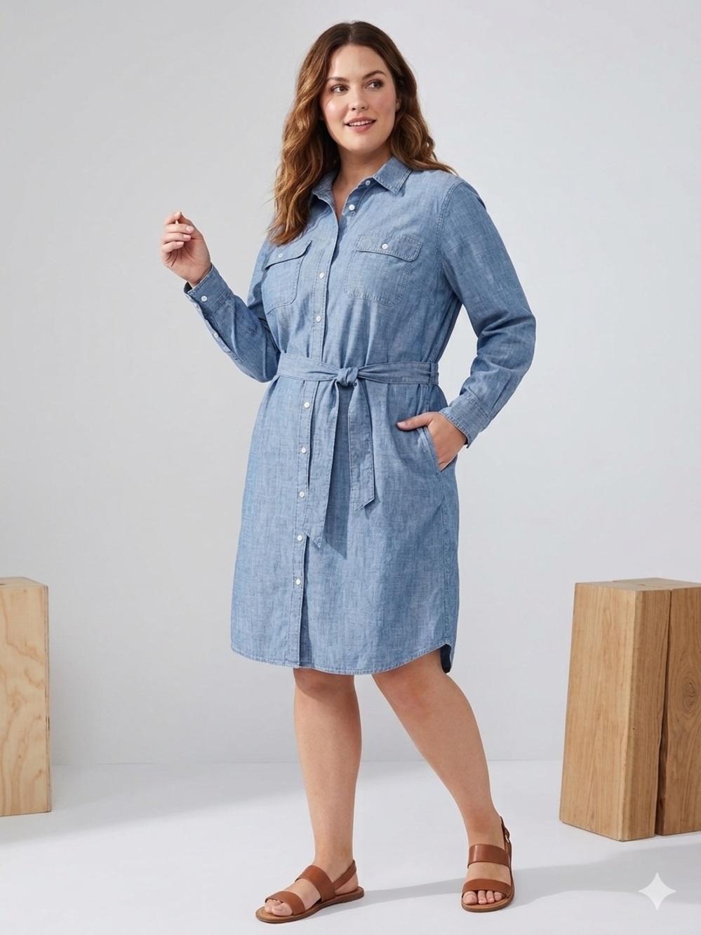 Lands' End Light Blue Chambray Tie-Waist Shirt Dress